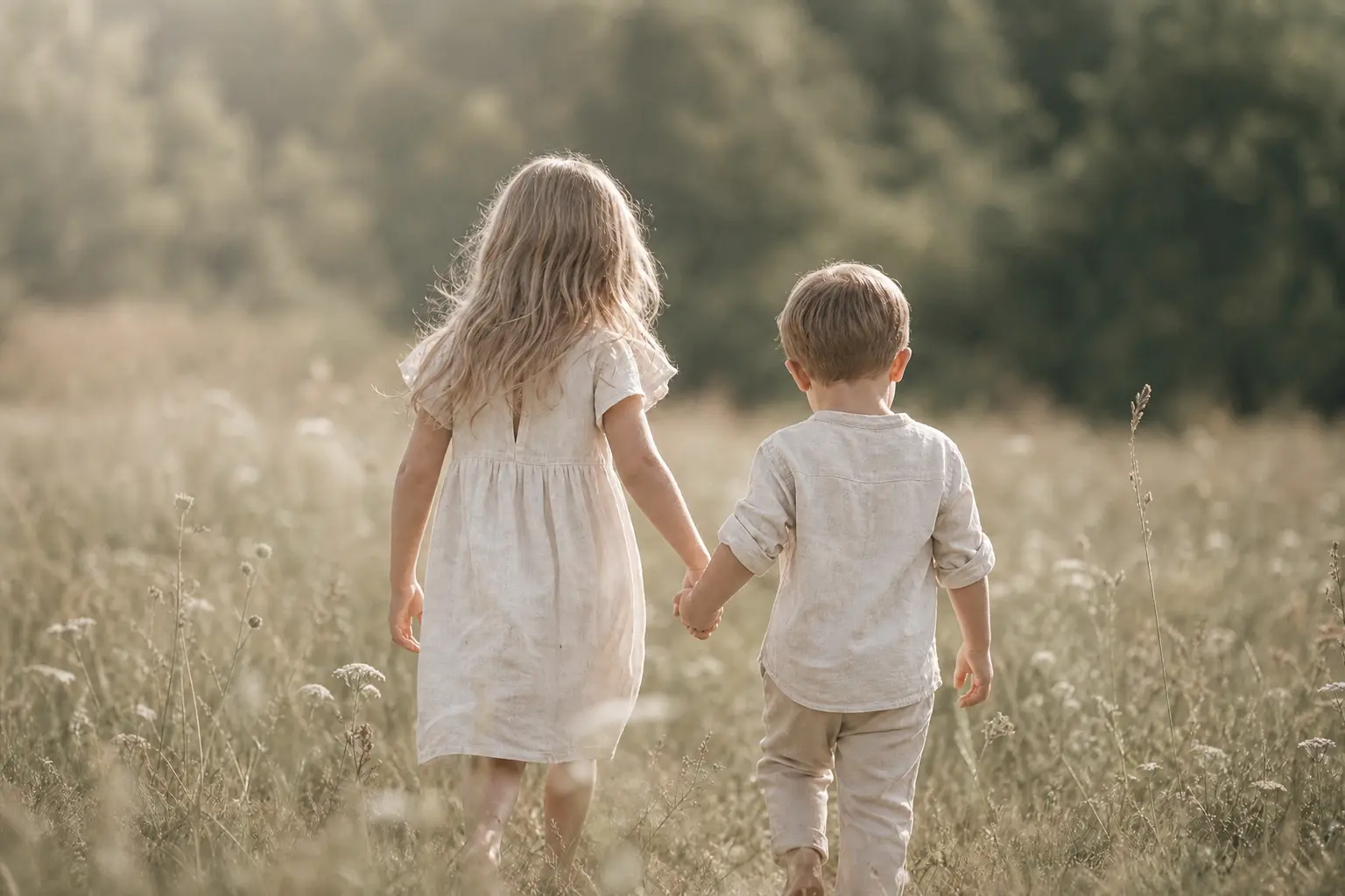 Geschwister gehen Hand in Hand durch eine Wiese